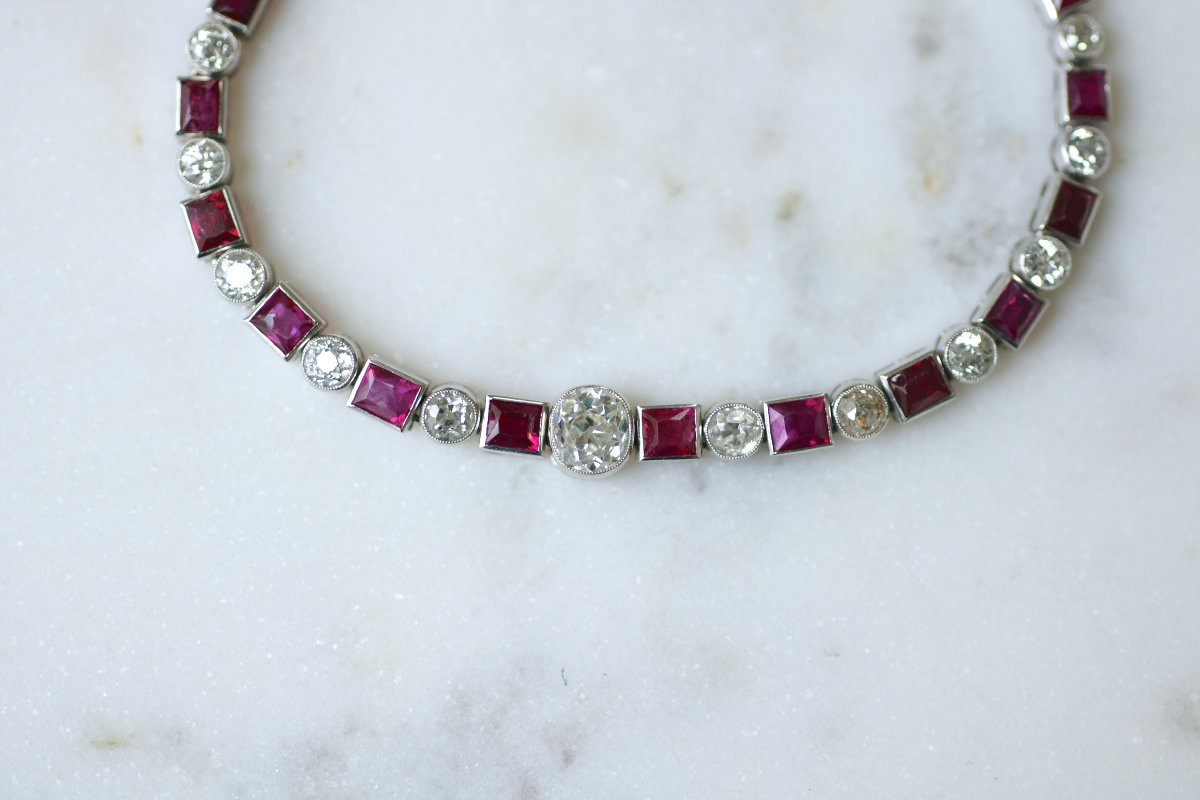 Bracelet Ligne Art Déco Rubis Birman et Diamant sur Platine-photo-3