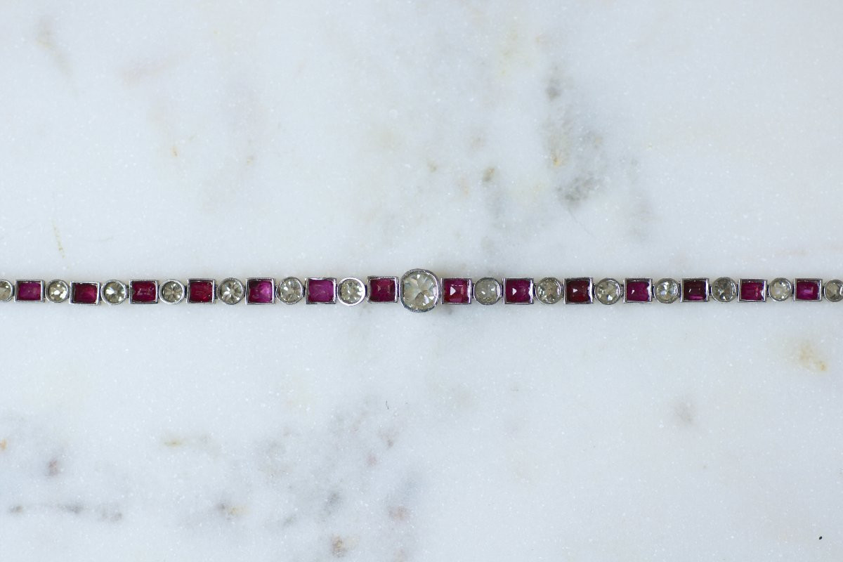 Bracelet Ligne Art Déco Rubis Birman et Diamant sur Platine-photo-4