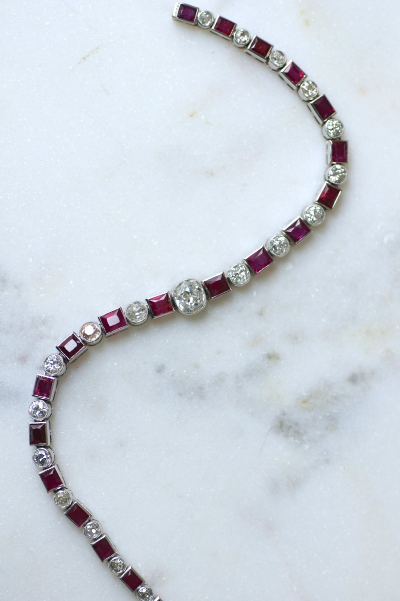 Bracelet Ligne Art Déco Rubis Birman et Diamant sur Platine-photo-1
