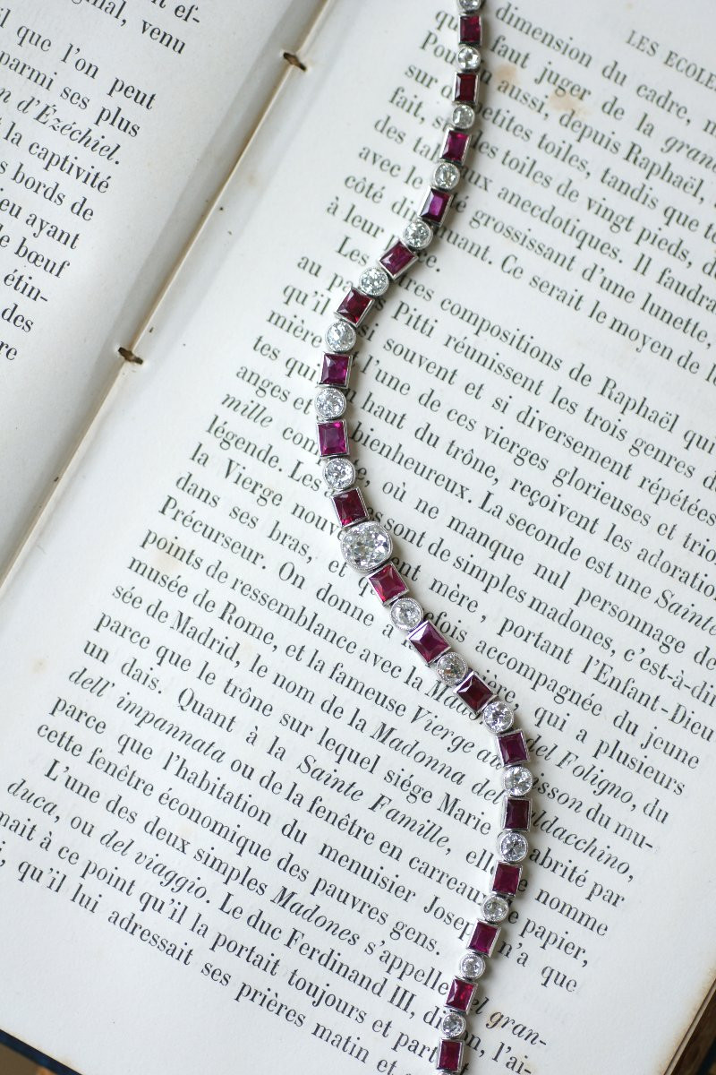 Bracelet Ligne Art Déco Rubis Birman et Diamant sur Platine-photo-2