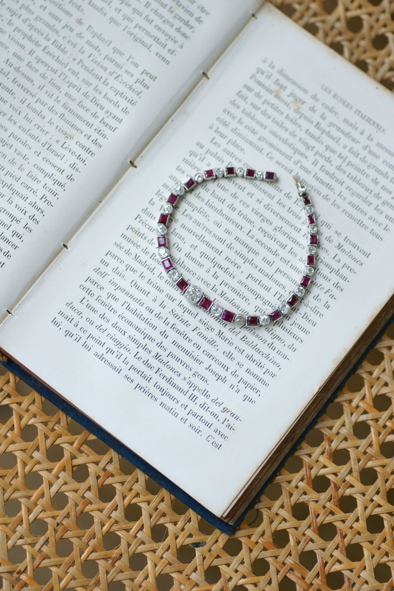 Bracelet Ligne Art Déco Rubis Birman et Diamant sur Platine-photo-3