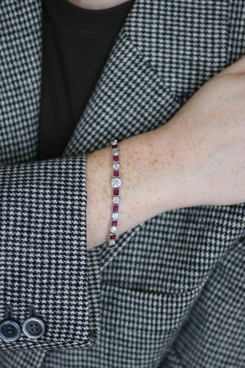Bracelet Ligne Art Déco Rubis Birman et Diamant sur Platine-photo-4