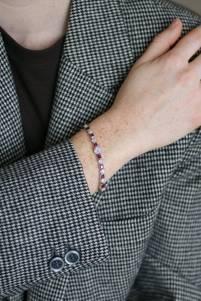 Bracelet Ligne Art Déco Rubis Birman et Diamant sur Platine-photo-6