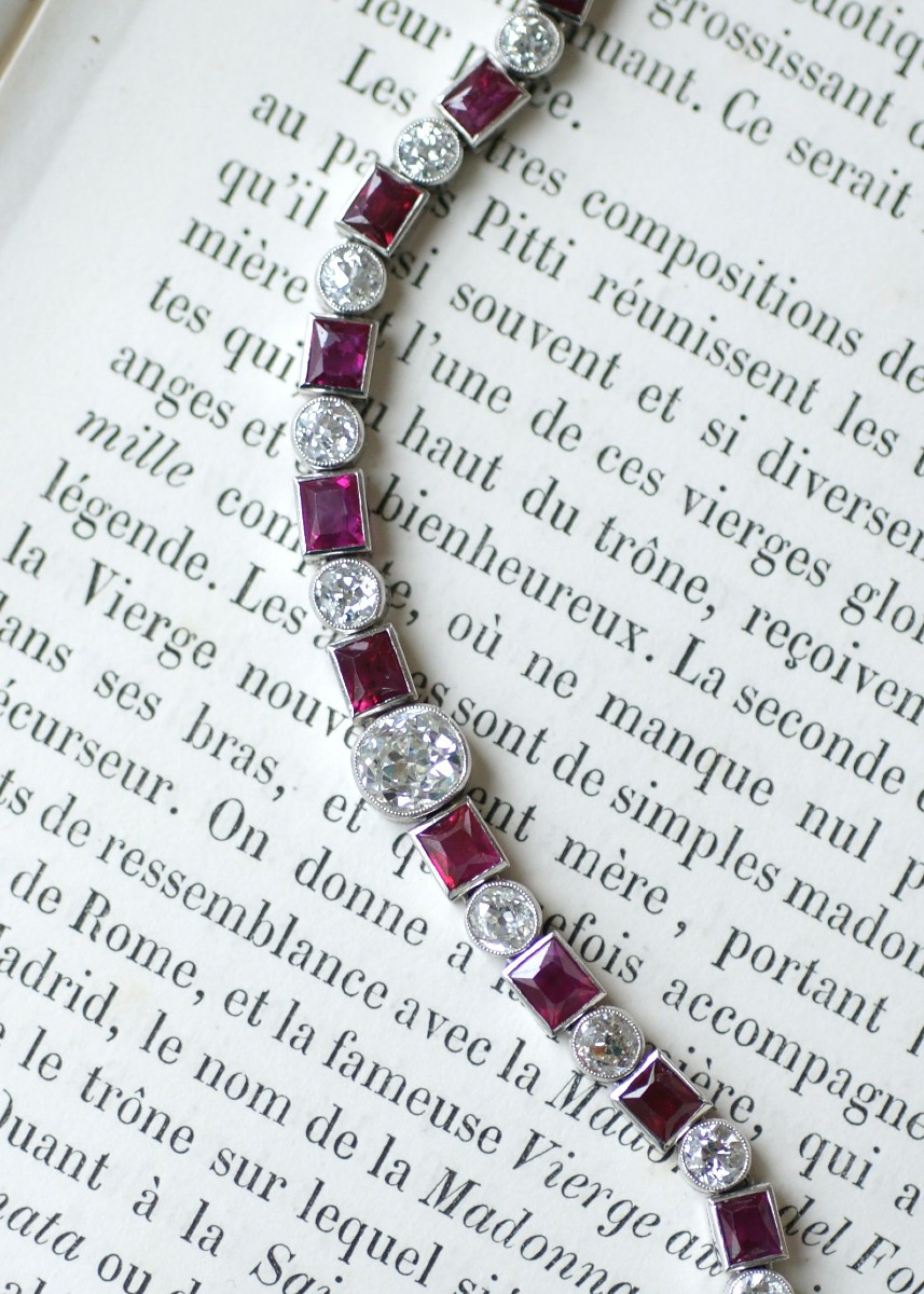 Bracelet Ligne Art Déco Rubis Birman et Diamant sur Platine