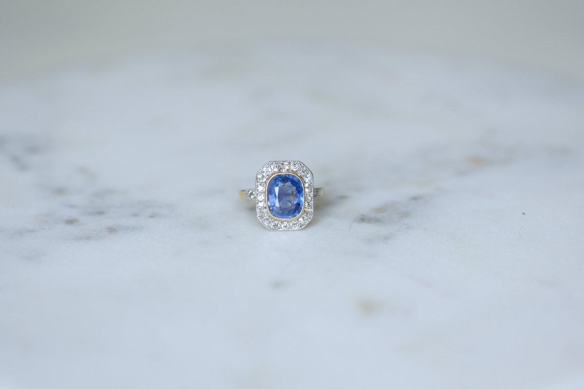Edwardian Cluster Ring With 4.00 Ct Ceylon Sapphire And Diamond On Yellow Gold And Platinum-photo-2