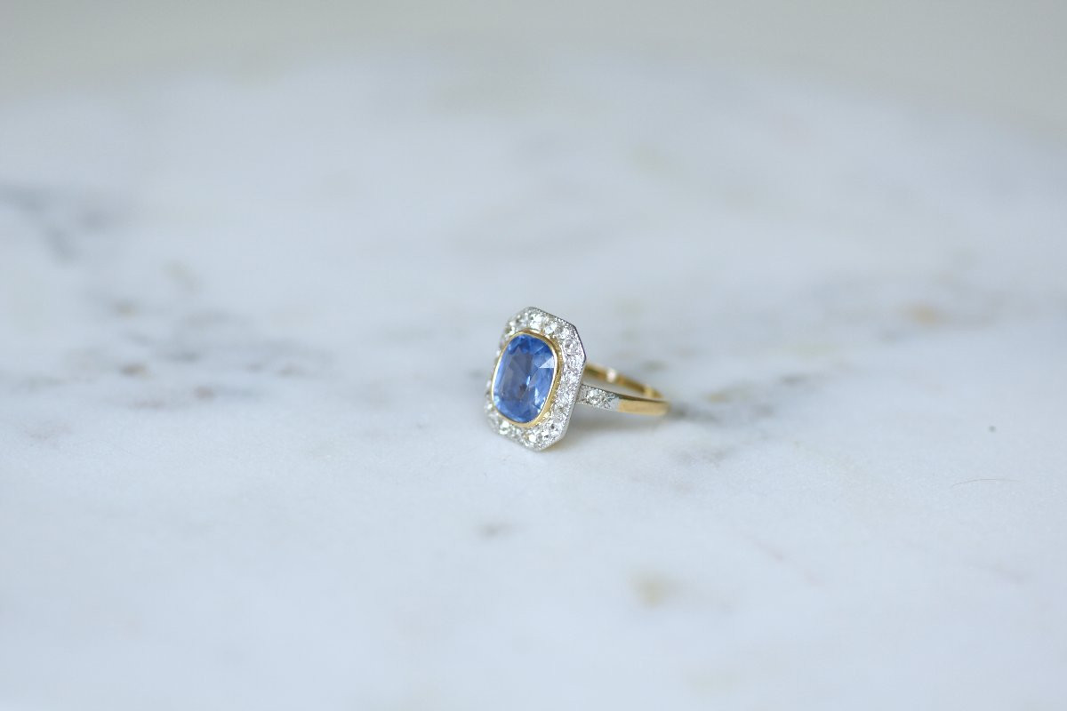 Edwardian Cluster Ring With 4.00 Ct Ceylon Sapphire And Diamond On Yellow Gold And Platinum-photo-3