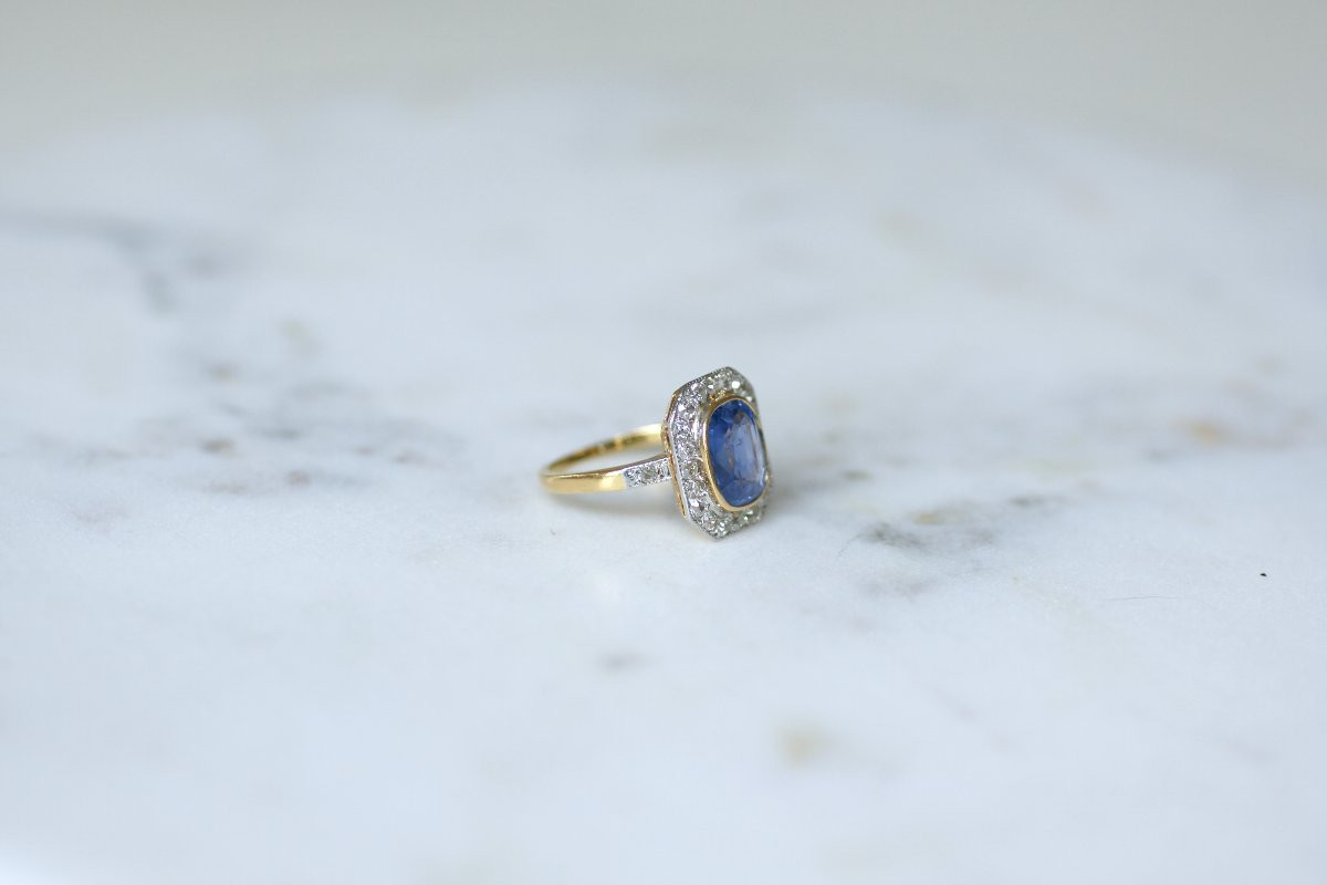 Edwardian Cluster Ring With 4.00 Ct Ceylon Sapphire And Diamond On Yellow Gold And Platinum-photo-4