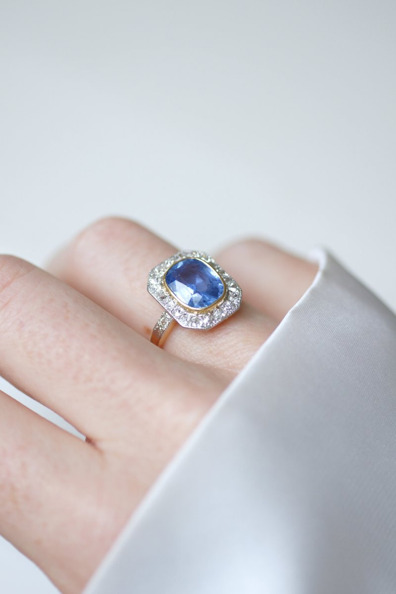 Edwardian Cluster Ring With 4.00 Ct Ceylon Sapphire And Diamond On Yellow Gold And Platinum-photo-4