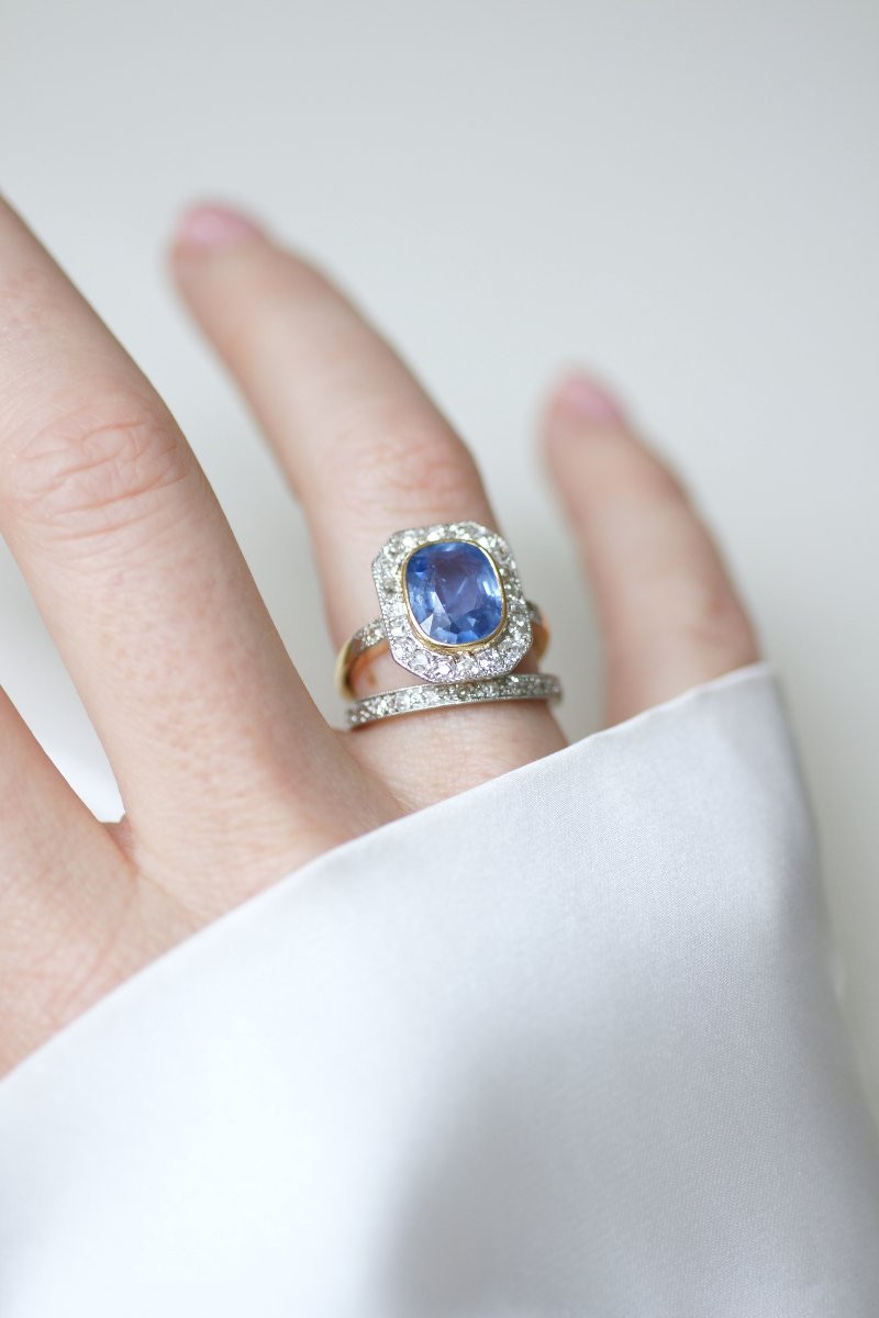 Edwardian Cluster Ring With 4.00 Ct Ceylon Sapphire And Diamond On Yellow Gold And Platinum-photo-6