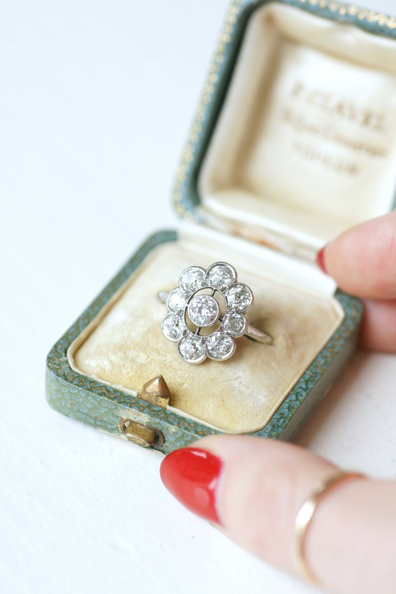 Bague Belle Epoque Marguerite Ovale Diamants 2,95 Cts sur Platine-photo-5