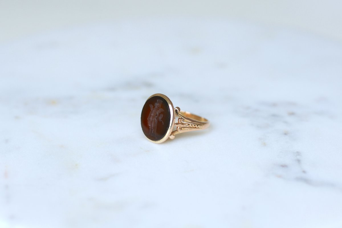 Antique Victorian Intaglio Carnelian Cupid And Dragonfly Ring On Rose Gold-photo-3