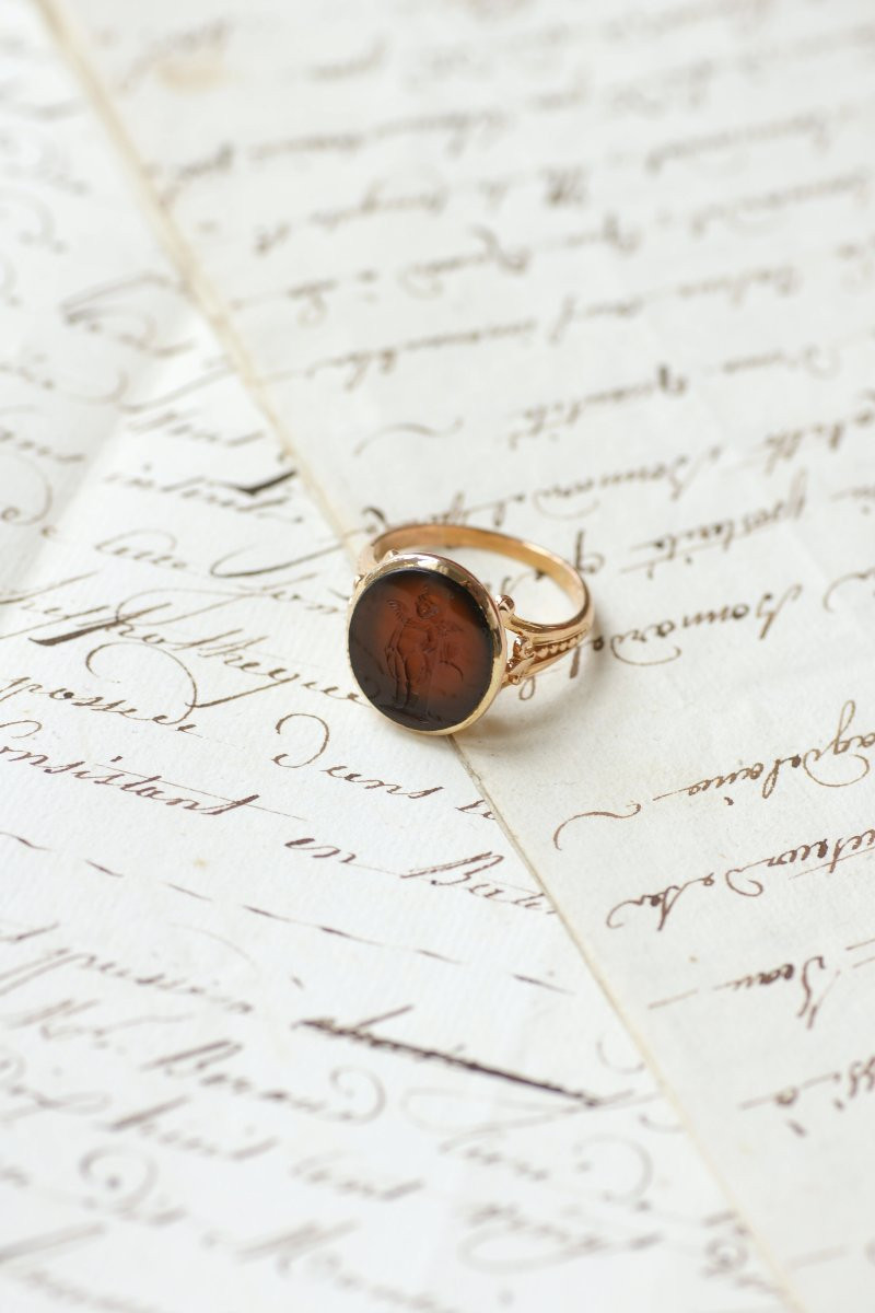 Antique Victorian Intaglio Carnelian Cupid And Dragonfly Ring On Rose Gold-photo-8