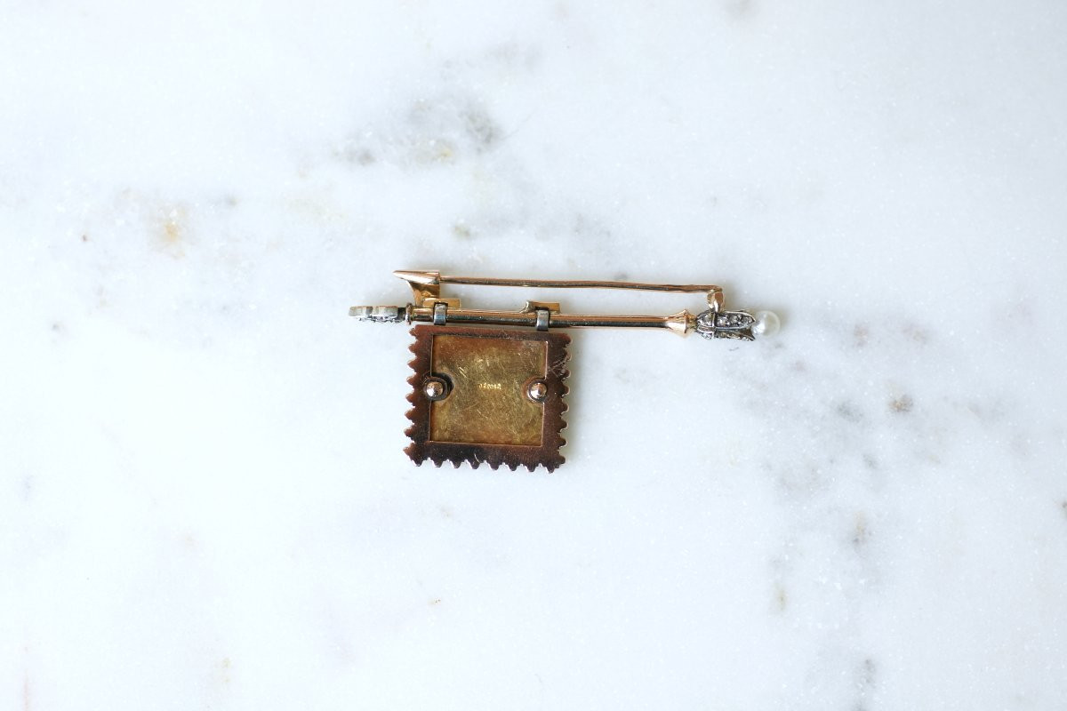 Broche Ancienne Royaliste Drapeau Fleurs de Lys, Diamants, Perle, Email sur Or et Argent-photo-3