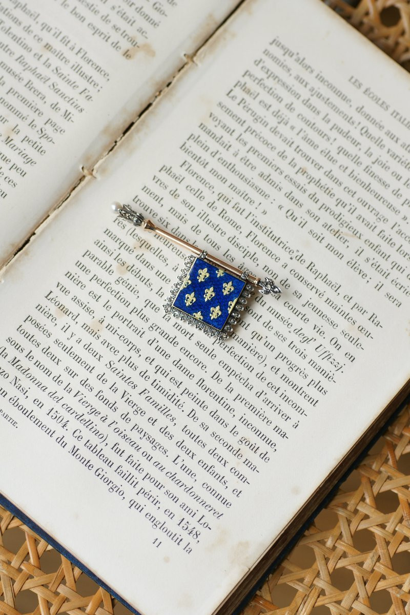 Broche Ancienne Royaliste Drapeau Fleurs de Lys, Diamants, Perle, Email sur Or et Argent-photo-1