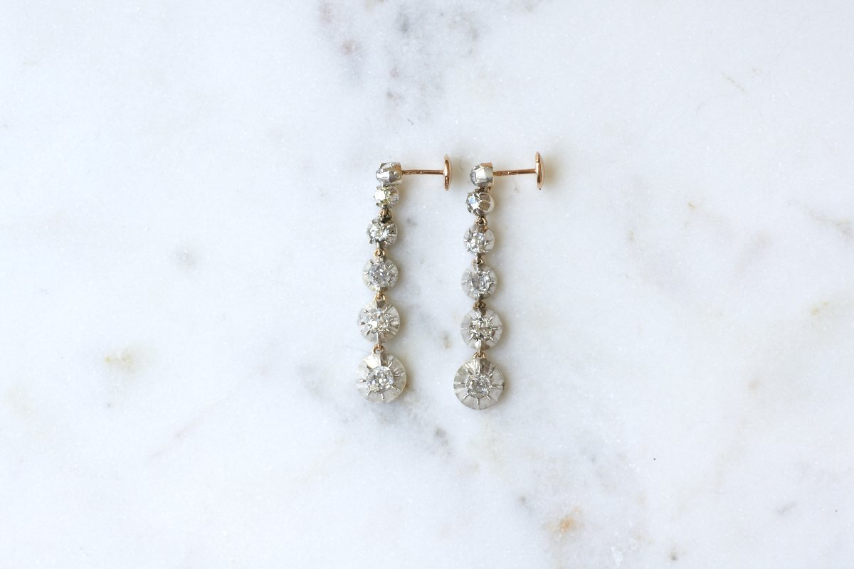 Long Antique Drop Earrings 3.00 Cts Old Cut Diamonds On Rose Gold And Silver-photo-2