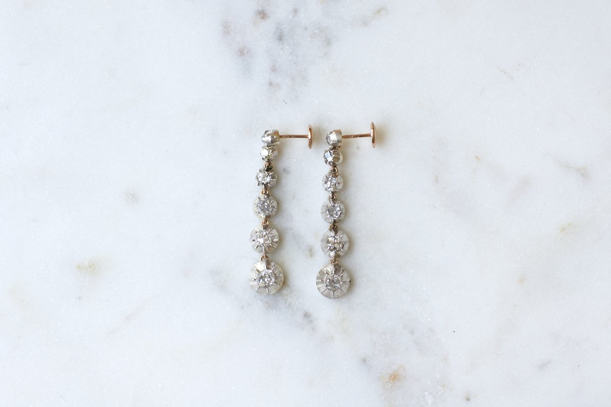 Long Antique Drop Earrings 3.00 Cts Old Cut Diamonds On Rose Gold And Silver-photo-3
