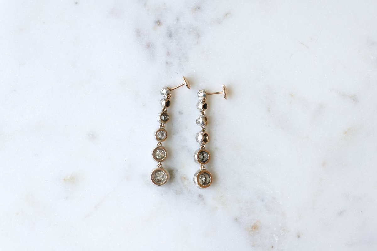 Long Antique Drop Earrings 3.00 Cts Old Cut Diamonds On Rose Gold And Silver-photo-4