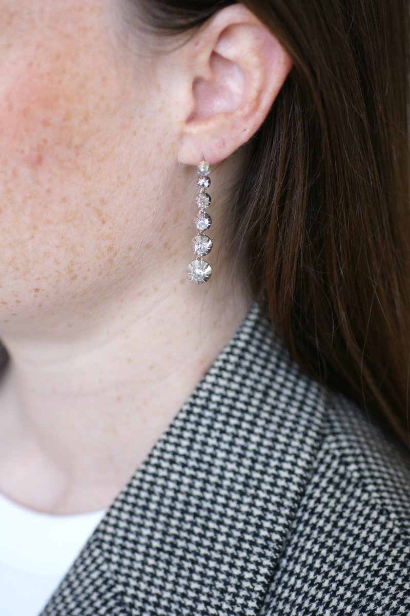 Long Antique Drop Earrings 3.00 Cts Old Cut Diamonds On Rose Gold And Silver-photo-4