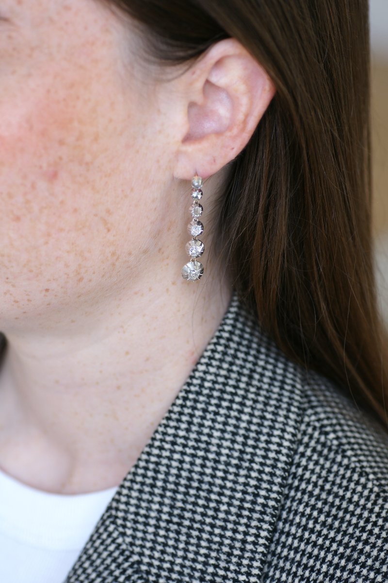 Long Antique Drop Earrings 3.00 Cts Old Cut Diamonds On Rose Gold And Silver-photo-5