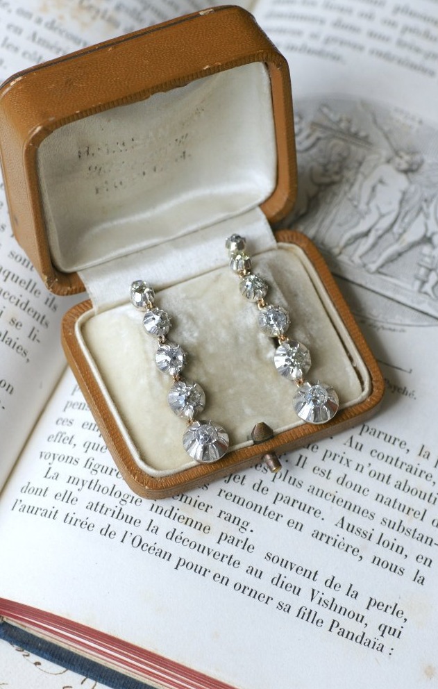 Long Antique Drop Earrings 3.00 Cts Old Cut Diamonds On Rose Gold And Silver