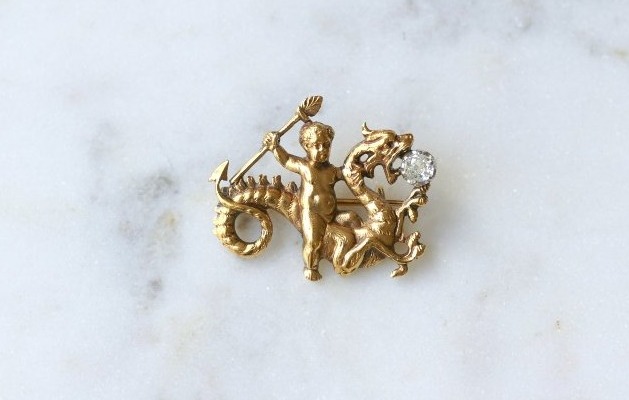 Broche Ancienne Amour Chevauchant un Dragon Or et Diamant-photo-4