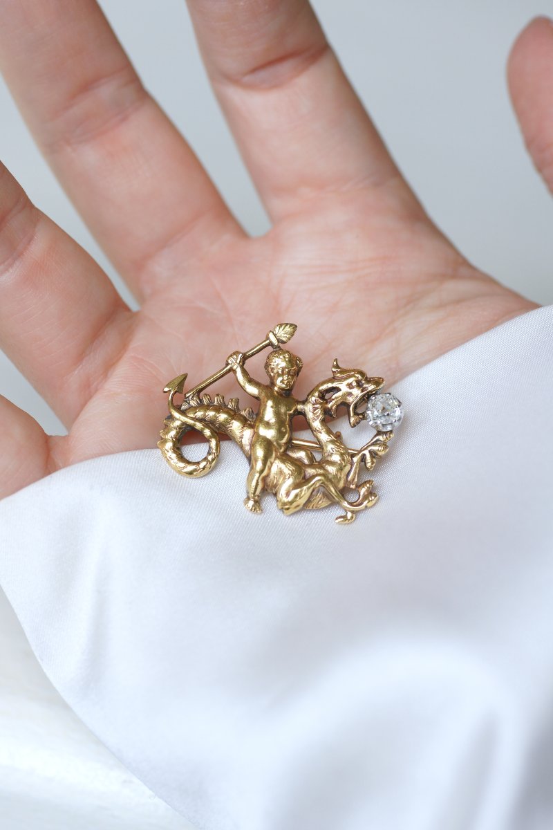 Broche Ancienne Amour Chevauchant un Dragon Or et Diamant-photo-2