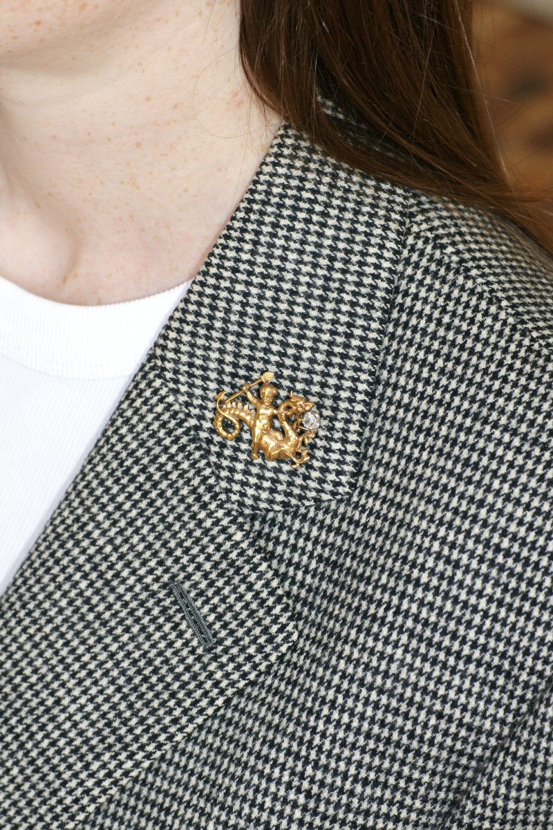 Broche Ancienne Amour Chevauchant un Dragon Or et Diamant-photo-4