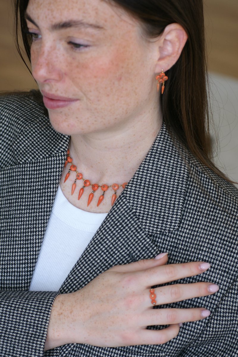 Victorian Coral Set With Necklace, Earrings, And Ring On Yellow Gold-photo-2