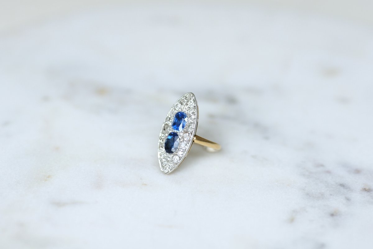 Bague Marquise Edouardienne Saphirs de Ceylan Non Chauffés et Diamants sur Or Jaune et Platine-photo-2
