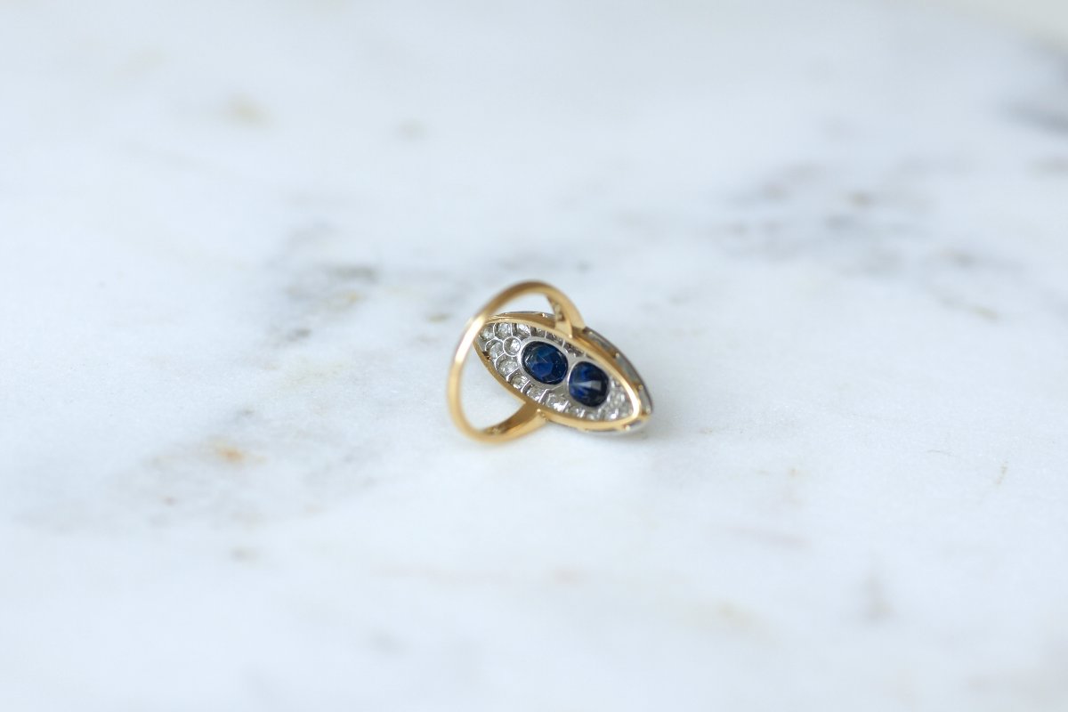 Bague Marquise Edouardienne Saphirs de Ceylan Non Chauffés et Diamants sur Or Jaune et Platine-photo-2