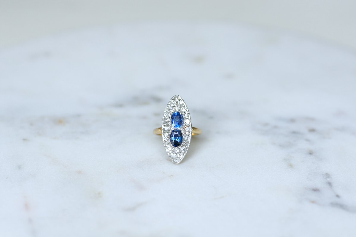 Bague Marquise Edouardienne Saphirs de Ceylan Non Chauffés et Diamants sur Or Jaune et Platine-photo-5