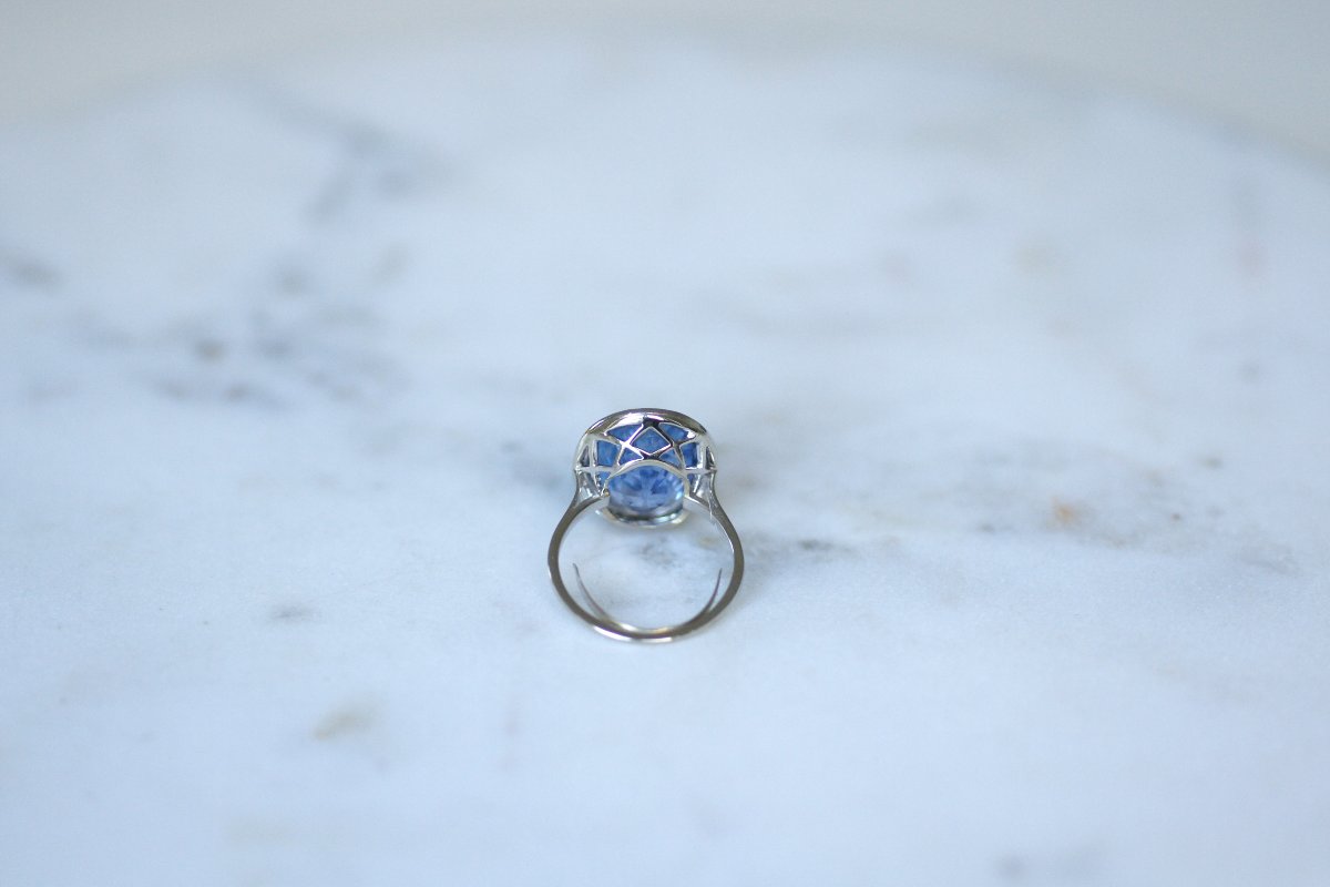 Bague Ovale Art Déco Saphir de Ceylan Non Chauffé 10,50 Cts et Diamants sur Or et Platine-photo-3