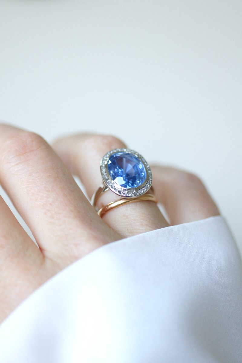 Bague Ovale Art Déco Saphir de Ceylan Non Chauffé 10,50 Cts et Diamants sur Or et Platine-photo-5