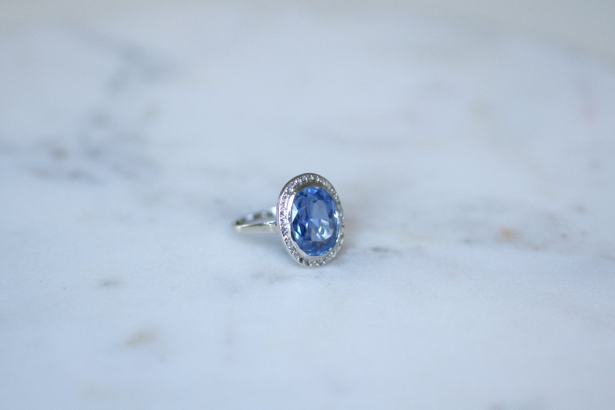 Bague Ovale Art Déco Saphir de Ceylan Non Chauffé 10,50 Cts et Diamants sur Or et Platine-photo-7