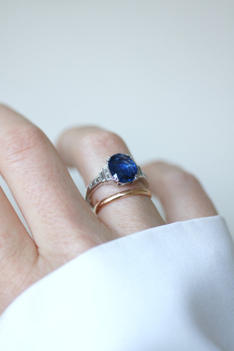 Bague Saphir Ceylan Non Chauffé 3,50 Cts et Diamant Baguette sur Or Blanc-photo-6