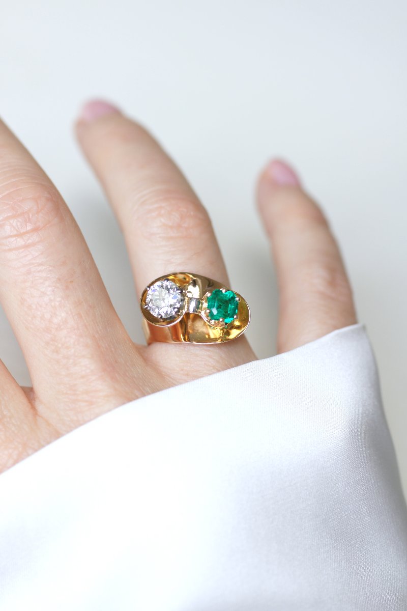 Bague Toi et Moi Tourbillon Emeraude Colombienne et Diamant-photo-2