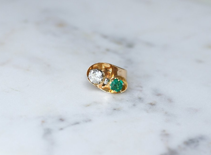 Bague Toi et Moi Tourbillon Emeraude Colombienne et Diamant-photo-3