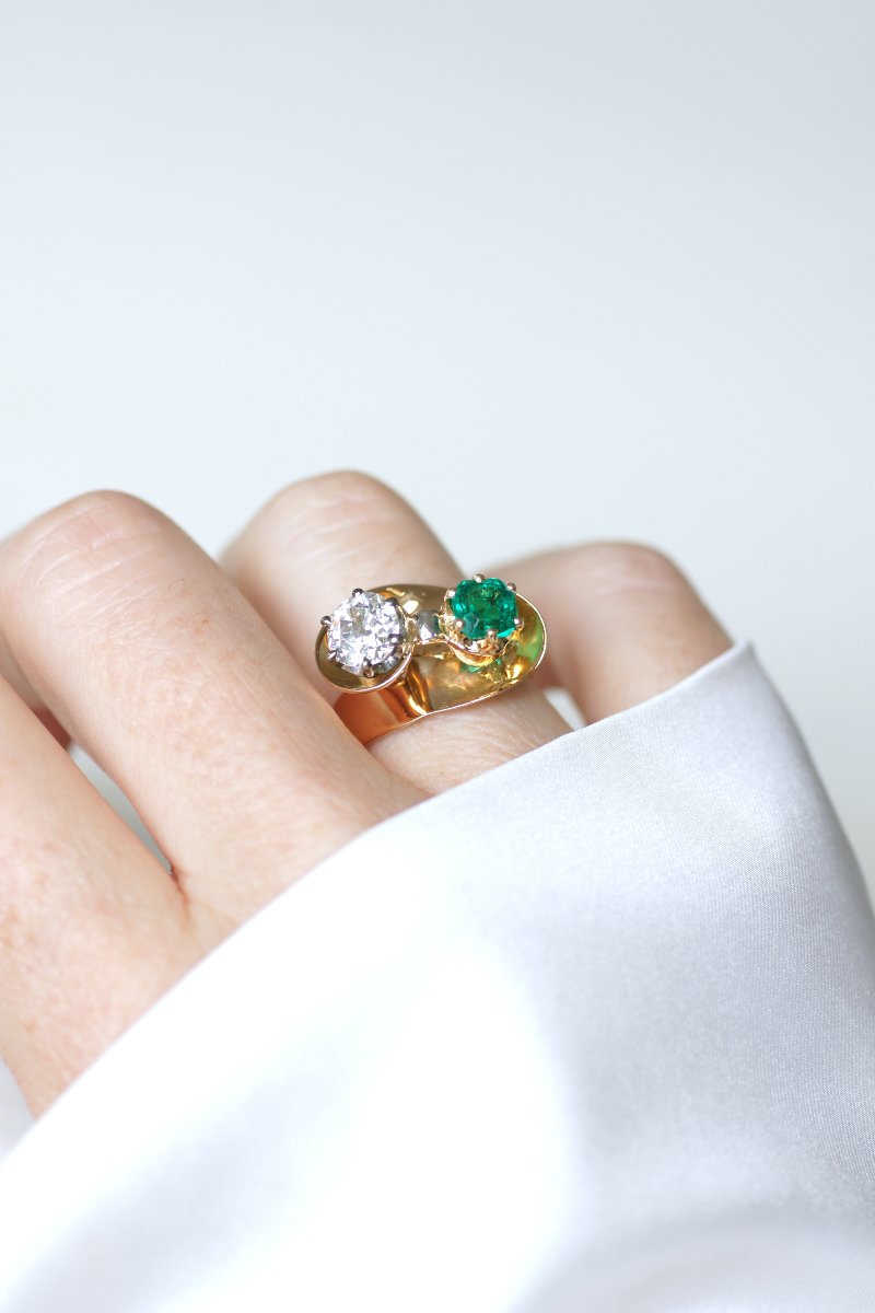 Bague Toi et Moi Tourbillon Emeraude Colombienne et Diamant-photo-4