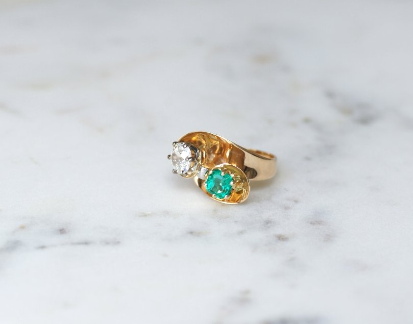 Bague Toi et Moi Tourbillon Emeraude Colombienne et Diamant-photo-1