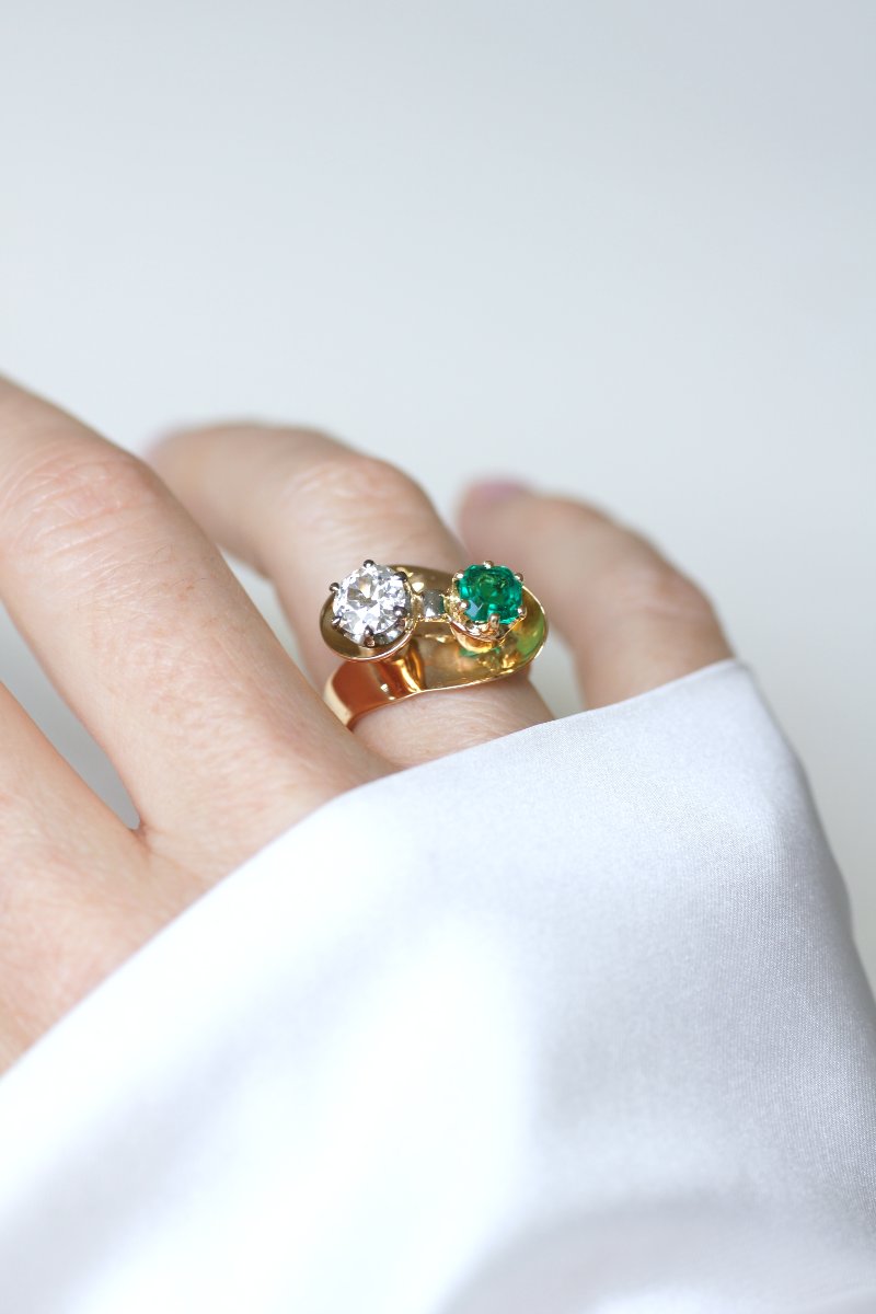 Bague Toi et Moi Tourbillon Emeraude Colombienne et Diamant-photo-2