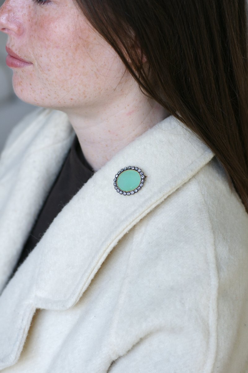 Broche Ancienne Chrysoprase et Diamants sur Or Rose et Argent-photo-2
