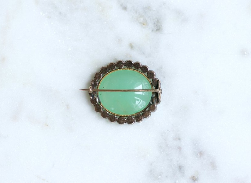 Broche Ancienne Chrysoprase et Diamants sur Or Rose et Argent-photo-3