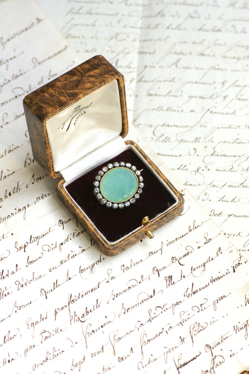 Broche Ancienne Chrysoprase et Diamants sur Or Rose et Argent-photo-4