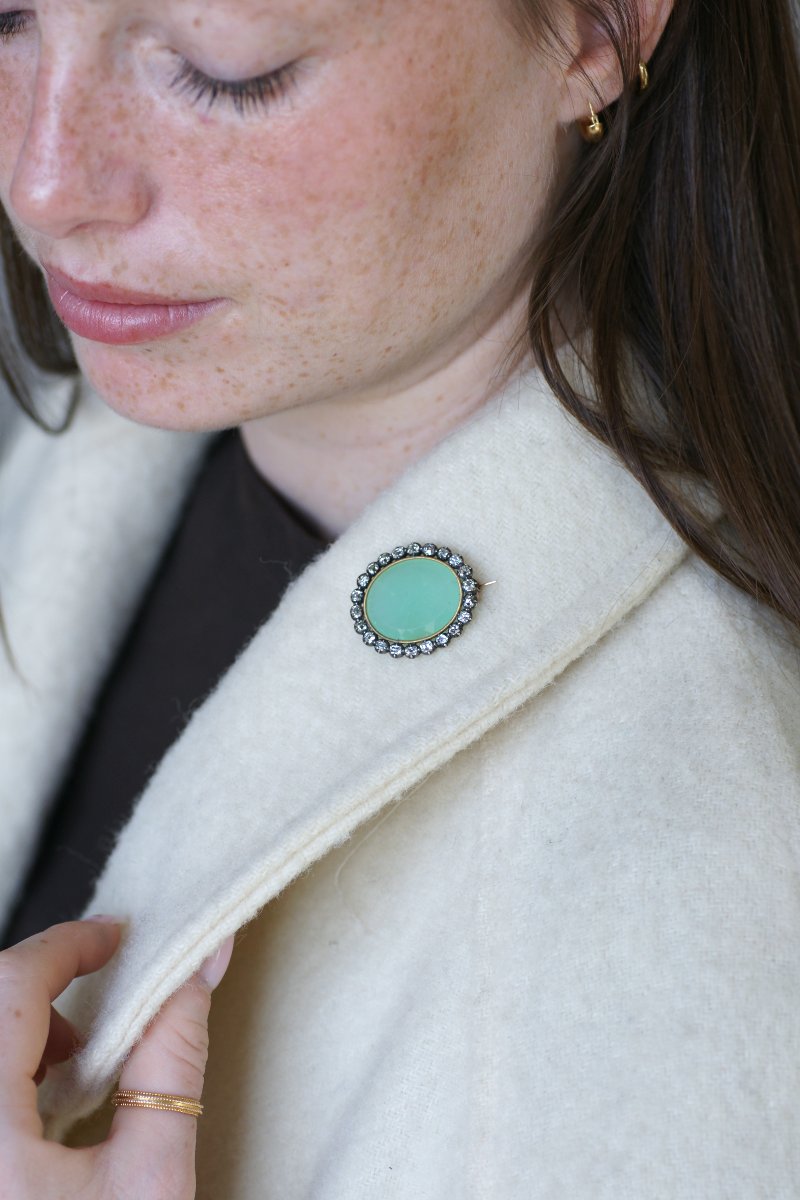 Broche Ancienne Chrysoprase et Diamants sur Or Rose et Argent-photo-1