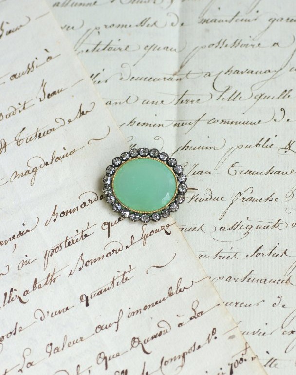 Broche Ancienne Chrysoprase et Diamants sur Or Rose et Argent-photo-2
