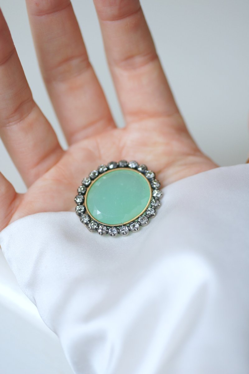 Broche Ancienne Chrysoprase et Diamants sur Or Rose et Argent-photo-3