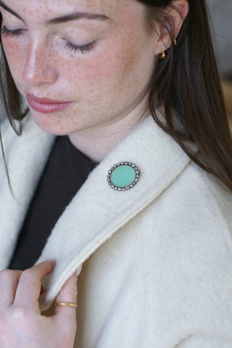 Broche Ancienne Chrysoprase et Diamants sur Or Rose et Argent-photo-4