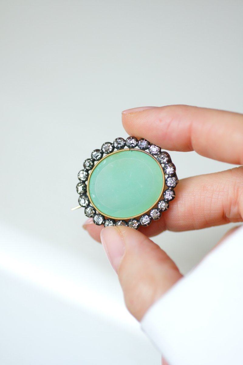 Broche Ancienne Chrysoprase et Diamants sur Or Rose et Argent-photo-5