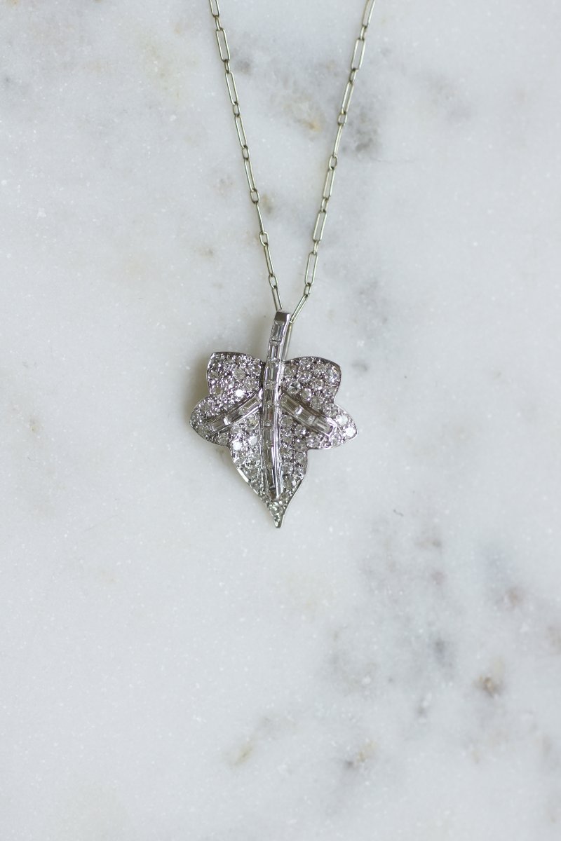 Collier Art Déco Pendentif Feuille Diamants-photo-3