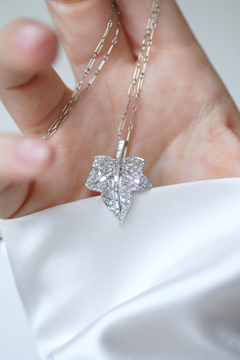 Collier Art Déco Pendentif Feuille Diamants-photo-4